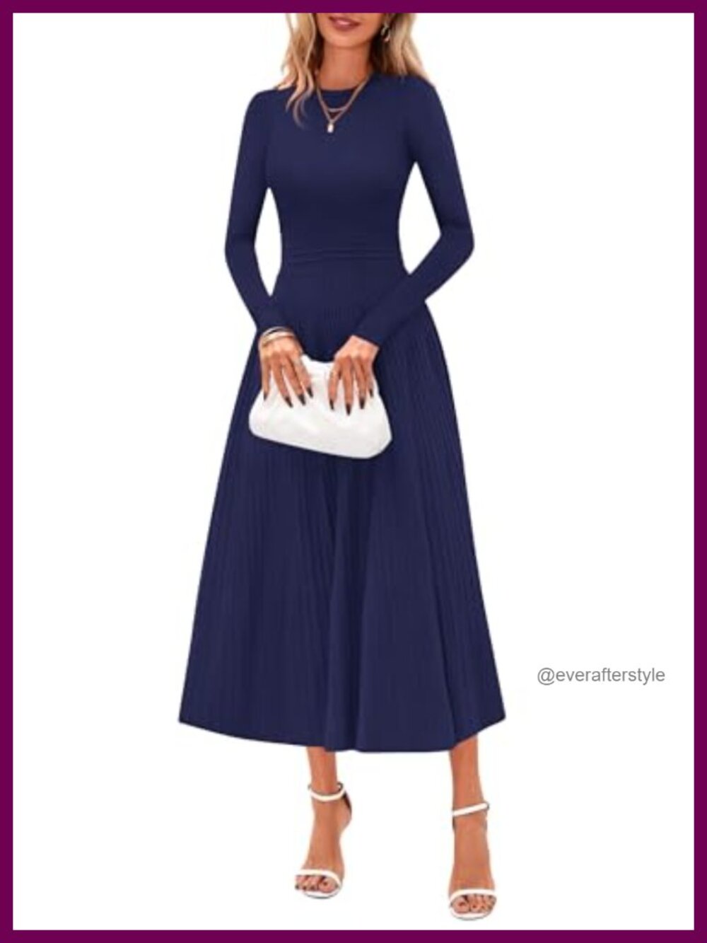 Long Sleeve Knit Maxi Sweater Dress Crew Neck Pleated A-Line Midi